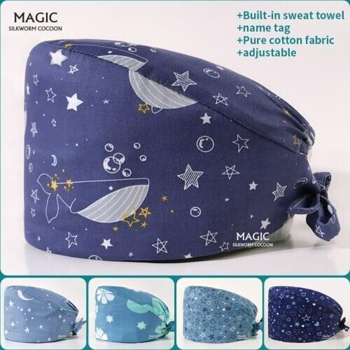 Breathable Elastic Health Nursing Work Cap Cartoon Printed Pet Hospital Doctor Caps Nursing Scrubs Hats Wholesale Pharmacist Hat