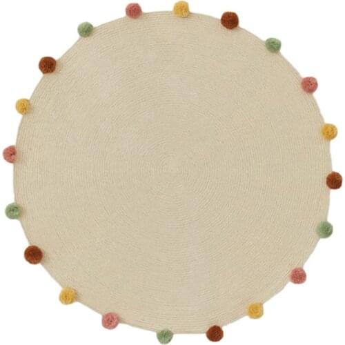 Newborn Play Game Rugs Round Floor Carpet Mat Room Decor Baby Hand Woven Cotton Crawling Pad with Wool Ball