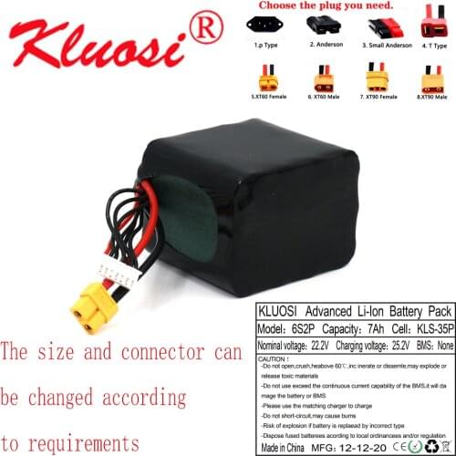 KLUOSI 6S2P 24V 7Ah 25.2V High Capacity UAV Rechargeable Li-ion Battery for Various RC Airplane Drone Quadrotor XH2.54-7P XT60