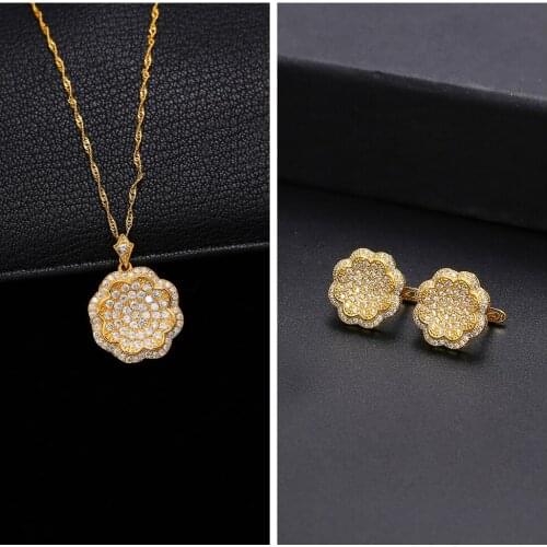 Vintage Luxury Gold Color Earrings Princess Wedding Jewelry Sets for Women Engagement Party Jewelry Zirconia Necklace