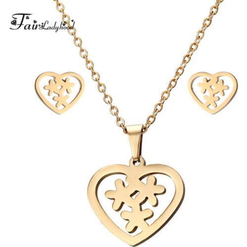 Fairladyhood 2017 New Clavicle Necklace Earrings Set Sweater Heart Shape Necklace Wholesale Stainless Steel Jewelry Set