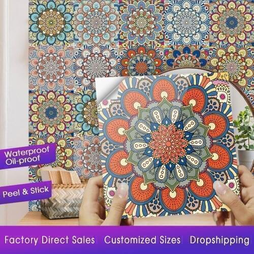 Colorful Mandala Floral Texture Crystal Hard Floor Tile Wall Sticker Kitchen Home Decor Wall Decals Waterproof Ground Art Mural