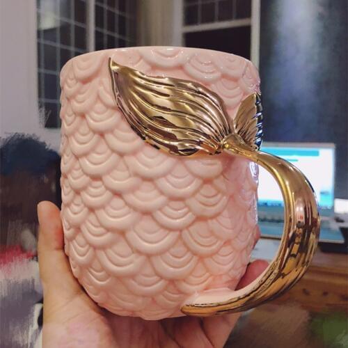 Beauty Mermaid handle large capacity tea milk cups and mugs creative Pearl glaze gold coffee mug drinkware 420ML