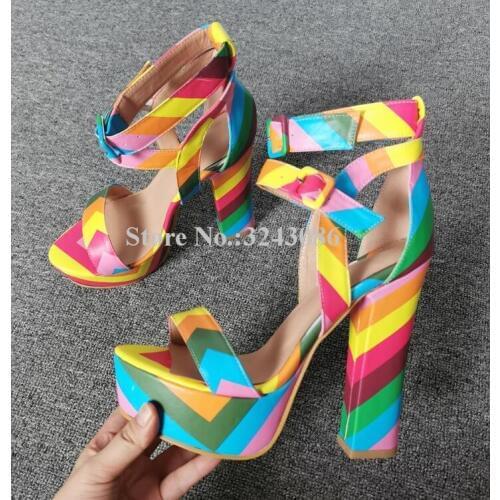 Sweet Mixed Color Leather Chunky Heel Platform Sandals Lady New Ankle Buckle Thick Heel Gladiator Sandals Women Dress Shoes