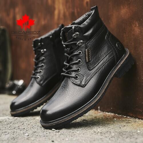 DECARSDZ Men Boots Cow Genuine Leather Mens Boots 2021 Winter Warm short plush Comfy Lace-up Durable outsole Men Snow Boots