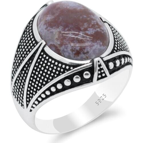 Real 925 Sterling Silver Vintage Mens Ring with Zinnober Agate Ring Turkish Punk Silver Fine Jewelry to Male Husband Gift