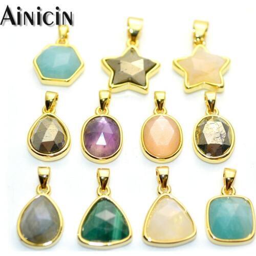 Natural Smei-precious Stone 12mm Faceted Star Oval Triangle Shape Pyrite labradorite amazonite Pendants Fit Earring Making 10pcs