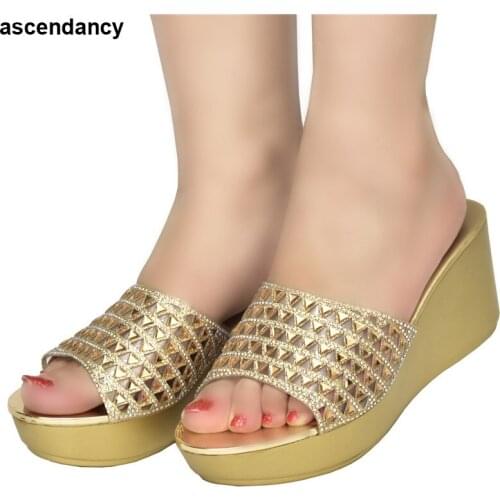 Latest Women Bling High Heel Pumps Ladies Wedding Shoes with Rhinestone Wedges Slides Party Sandals Platform Slipper Peep Toe