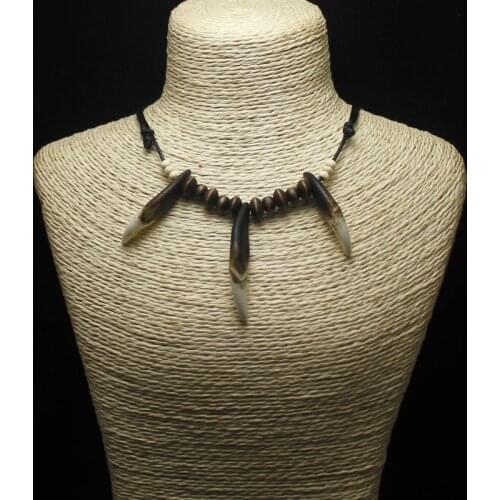 Tribal Natural Fangs Wolf Tooth Pendant Genuine Leather Chain Beaded Surfer Necklace Choker Amulet Gift