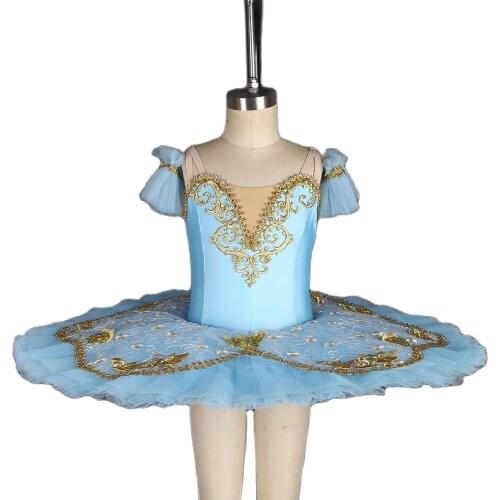 All For Dance Sky Blue Spandex Gold Trim Pre-professional Pancake Ballet Tutu For Ballerina Performance Dance Wear Dance Dress