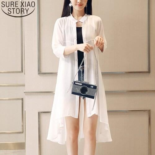 Transparent Sunscreen Shirt Summer Long Shirt Women Chiffon Blouse Sun-Protection Shirt Loose Plus Size White Cardigan 4534
