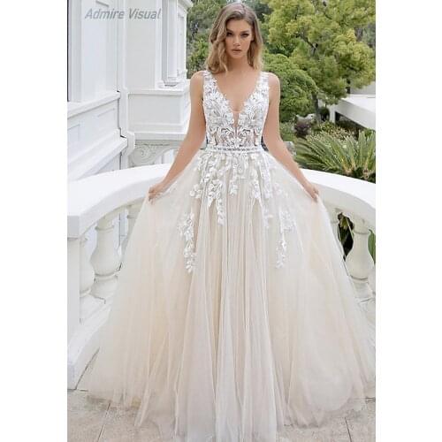 Wedding Dress A-Line Deep V-Neck Neckline Sleeveless Lace Appliques Sexy Long-Open Back Floor-Length With For Party Bride Gown