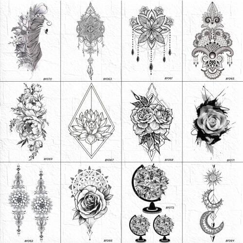 VANKIRS Black Henna Feather Arm Tattoos Temporary Fake Women Body Lace Flower Tatoos Fake Girls Peony Tattoo Waterproof Makeup