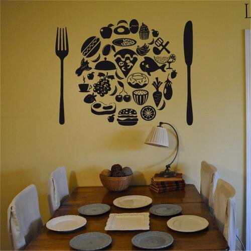 Fork Knife Fruit Wall Decals Kitchen Bakery Store Window Glass Cabinet Decor Wall Stickers Removable Vinyl Wall Posters Mural