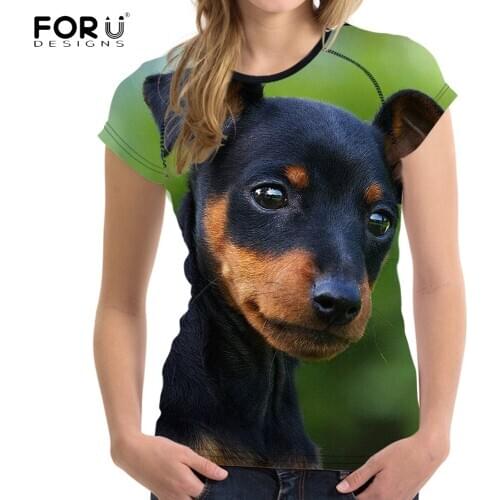 FORUDESIGNS Funny 3D Dog Miniature Pinscher Print Women O Neck T Shirts Stylish Summer Teen Girls T-shirts Short Sleeve Top Tees