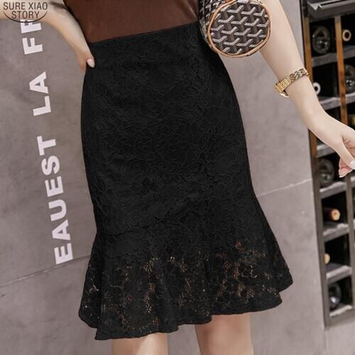 2021 New Wild Midi Skirt Jupe Femme Summer Skirt Womens Fishtail Skirt Apricot High Waist Lace Skirt Ruffled Hip Skirt 9904