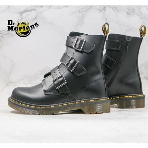 Dr.Martens Women Black Blake 3 Breasted Buckle Strap Side Zipper Doc Martin Ankle Boots Female No-Slip Durable Leather Shoes