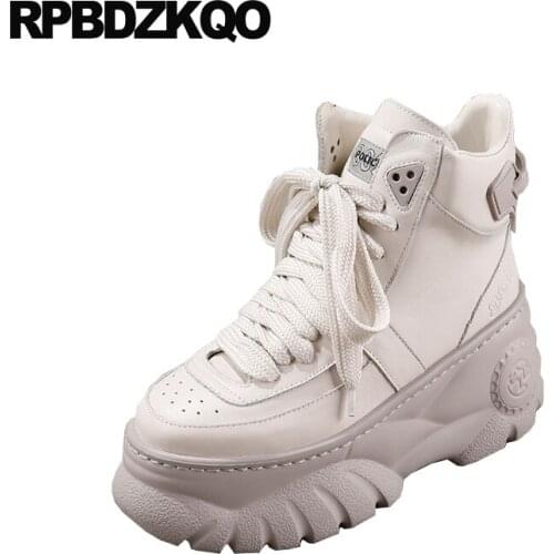 Creepers platform shoes genuine leather fur women lace up european handmade muffin brand elevator thick sole high top wedge