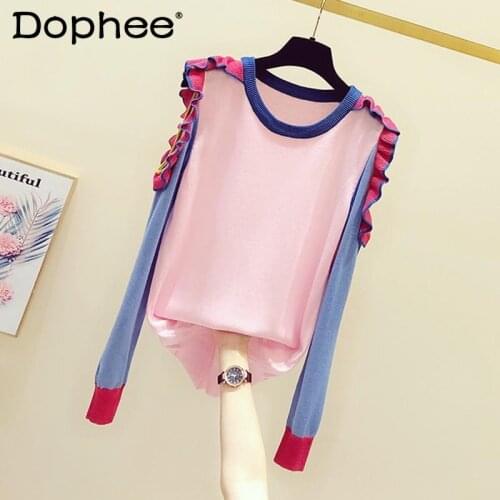 Chic Embroidered Ruffled Stitching Flare Long-Sleeved Knitted Sweater Elegant Knit Jumper Top 2021 Autumn Fashion Women Clothing