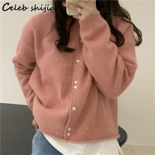 PINK Knitted Cardigan Fall 2021 Single Breasted Long Sleeve Cropped Sweater Female Korean Fashion Warm Knit Coat Chic