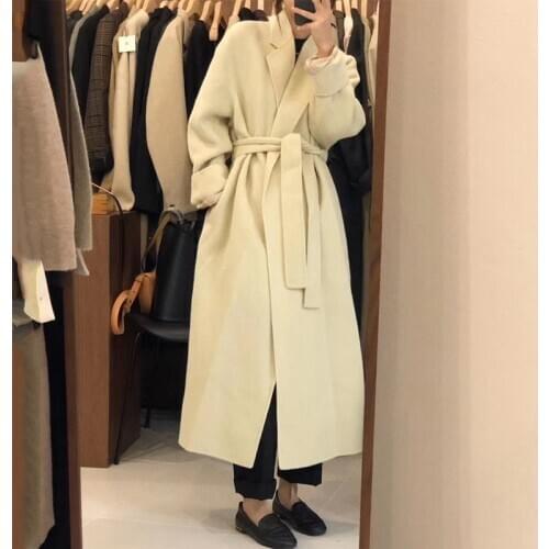 Korean Coat Women Fashion Turn Down Collar Elegant Long Wool Coats New 2020 Autumn Winter Long Sleeved Slim Bandage Blends Coat