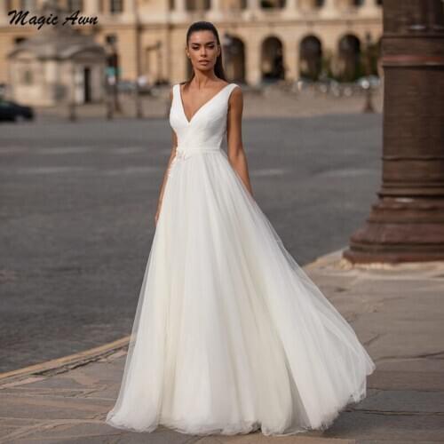Magic Awn New Tulle Wedding Dresses V-Neck Sleeveless Appliques A-Line Boho Bride Dress Princess Simple Vestidos De Novia