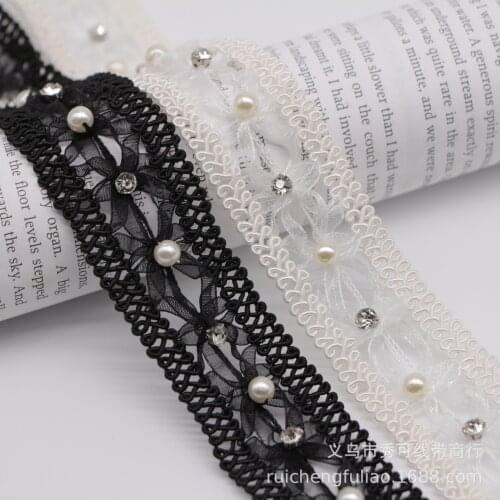 10Yards Black Pearl Beaded Lace Trim Rhinestone Collar Ribbons African Lace Sewing Materials Crafts For Clothes Wedding Dress