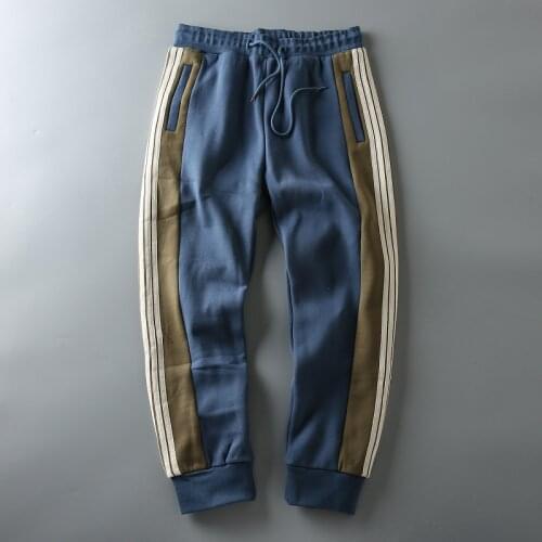 High quality Autumn and winter plus velvet thick warmth contrast color webbing elastic waist men and women sports casual pant