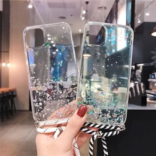 Fashion Soft Star Lanyard Sequins Case For Xiaomi Note 10 Lite Neck Lanyard Cover For Redmi 9C 9A Bling Glitter Strap Rope Case