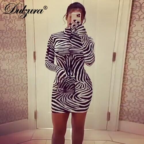 Dulzura Zebra Print Women Mini Dress Long Sleeve With Gloves Turtleneck Bodycon Sexy Streetwear 2020 Autumn Winter Slim Club