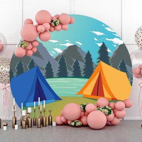 DAWNKNOW Round Circle Photography Background Backdrop Cartoon Mountain Tent Kids Birthday Party Decoration Photo Live Studio