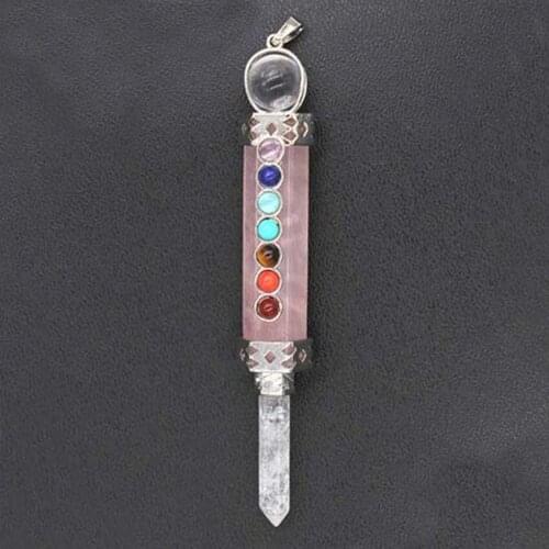 KFT Natural Healing Crystal Rose Pink Quartz Pendulums Hexagon Column 7 Chakra Reiki Stone Pendulum Pendant Balancing Jewelry