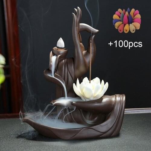 Backflow Incense Burner Ceramic The Monk Buddha Hand Holder Bigger Tower Censer Incense Cone Smoke Dropshipping with 50pcs Cones