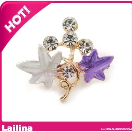 Small Purple Enamel Crystal Fruit Bunch Of Grapes Vine Brooch In Gold Tone - 25mm