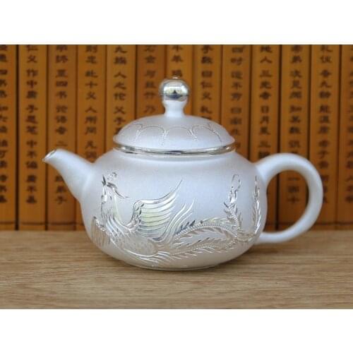 Pure Silver Kettle Small Tea Pot Handmade Sterling Matte Silver Dragon Phoenix Pattern Top Grade Gift