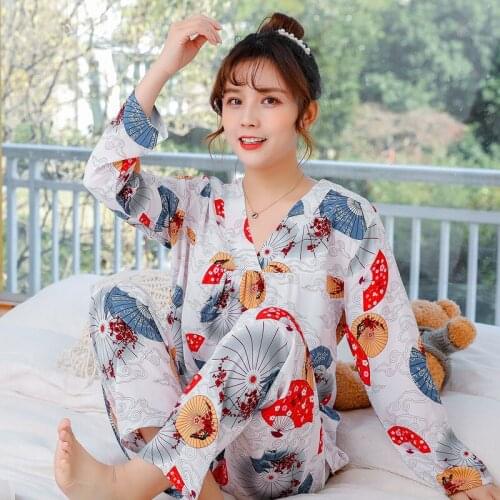 Summer Thin Long-sleeved Cotton Silk Pajamas Womens Suit Japanese INS Rayon Silk Loose Large Size Home Service Two-piece Suit