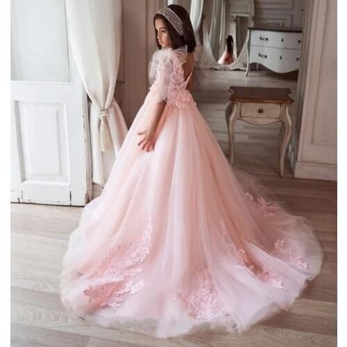 Pink Luxury Princess Flower Girl Dress for Wedding V Neck Applique Lace Girls First Communion Gown Pageant Dress Photography