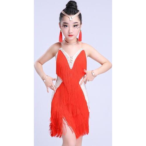 Sexy Ballroom dance Children girls Latin Dress Women red Tassel fringe Cha Cha Samba Competition dance Costumes