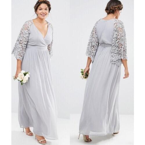 New Arrival Plus Size Bridesmaid Dresses With Lace Sleeves V Neck A-Line Prom Dress Ankle Length Chiffon Evening Gowns