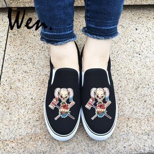 Wen Sport Baseball Bat Skull Girl Original Design Black White Canvas Unisex Sneakers Slip On Flats Ladies Pumps Male Plimsolls