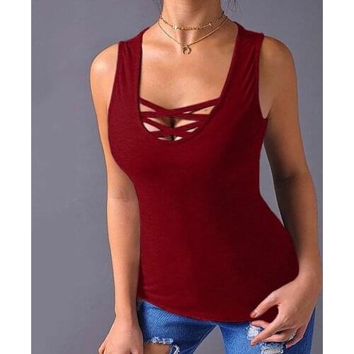 Solid Color 3xl Plus Size Tops Mujer Cross Bare Chest Sleeveless Summer Women Tops Block Side Split Shirts Футболка С Прессом