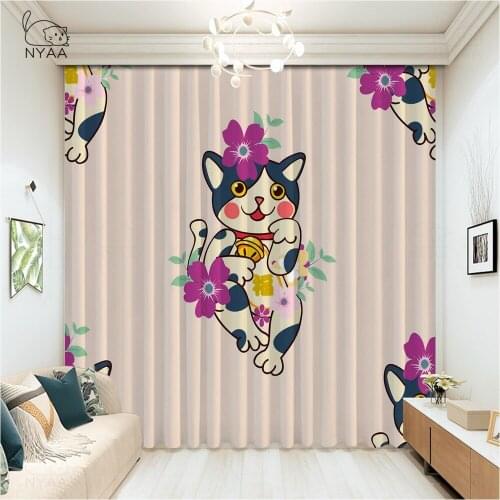Nordic Pink Cartoon Cat Curtains For Living Kids Room Bedroom Ins Style Beige Blackout Curtain Window Drapes