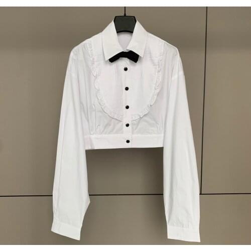 Fashion 2021 new ladies long-sleeved sexy pleated bow puff sleeve short shirt 0315