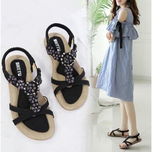 Bohemian Women Sandals Open Toe Flat Heel Shoes Flower Beads Anti Skid Sandals for Beach