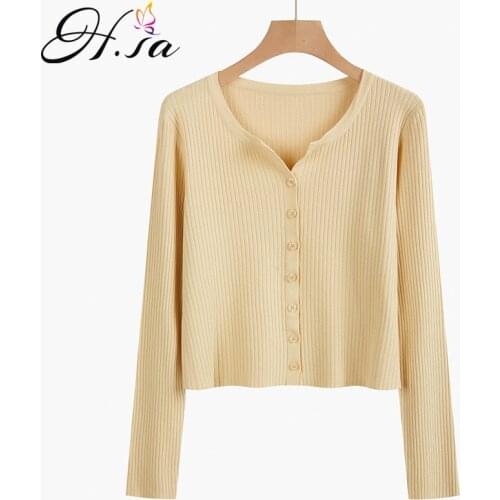 H.SA cardigan Women 2021 V neck Button Up Knit Sweater Cardigans Long Sleeve Solid Color haut femme Korean Slim Cardigan