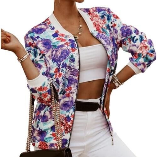 Women Autumn Winter Vintage Floral Slim Long Sleeve Zipper Jacket Short Coat