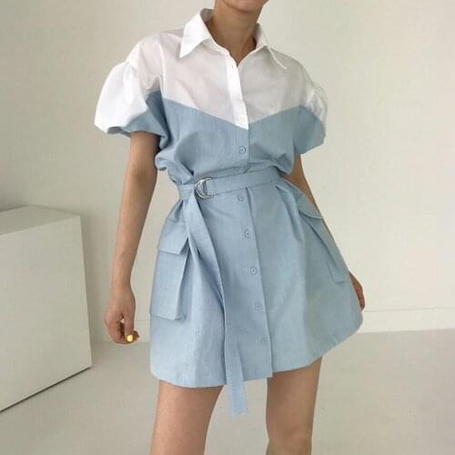 Woman Dress 2021 Summer New Robe Patchwork Contrast Color Lace Up Slim Waist Vestidos Mujer Loose Casual Mini Dresses
