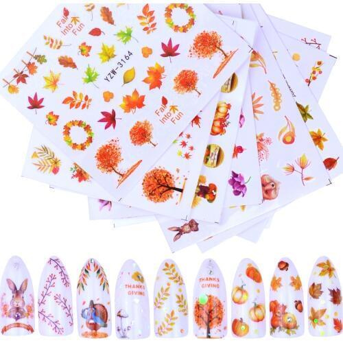 1 Sheet Fall Leaves Nail Art Stickers Gold Yellow Maple Leaf Water Decals Sliders Foil Autumn Design For Nail Manicure