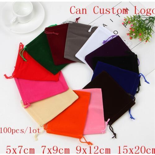 100pcs/lot 5x7 7x9 9x12 15x20cm Velvet Bag Bracelet Gifts Jewelry Packaging Bags Drawstring Gift Bag Pouches Can Custom Logo