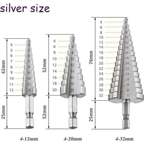 3pcs Silver Step Drill Bit Hss Step Cone Metal Hole Cutter Hex Tapered Drill Power Tools Accessories 4-12/20/32mm